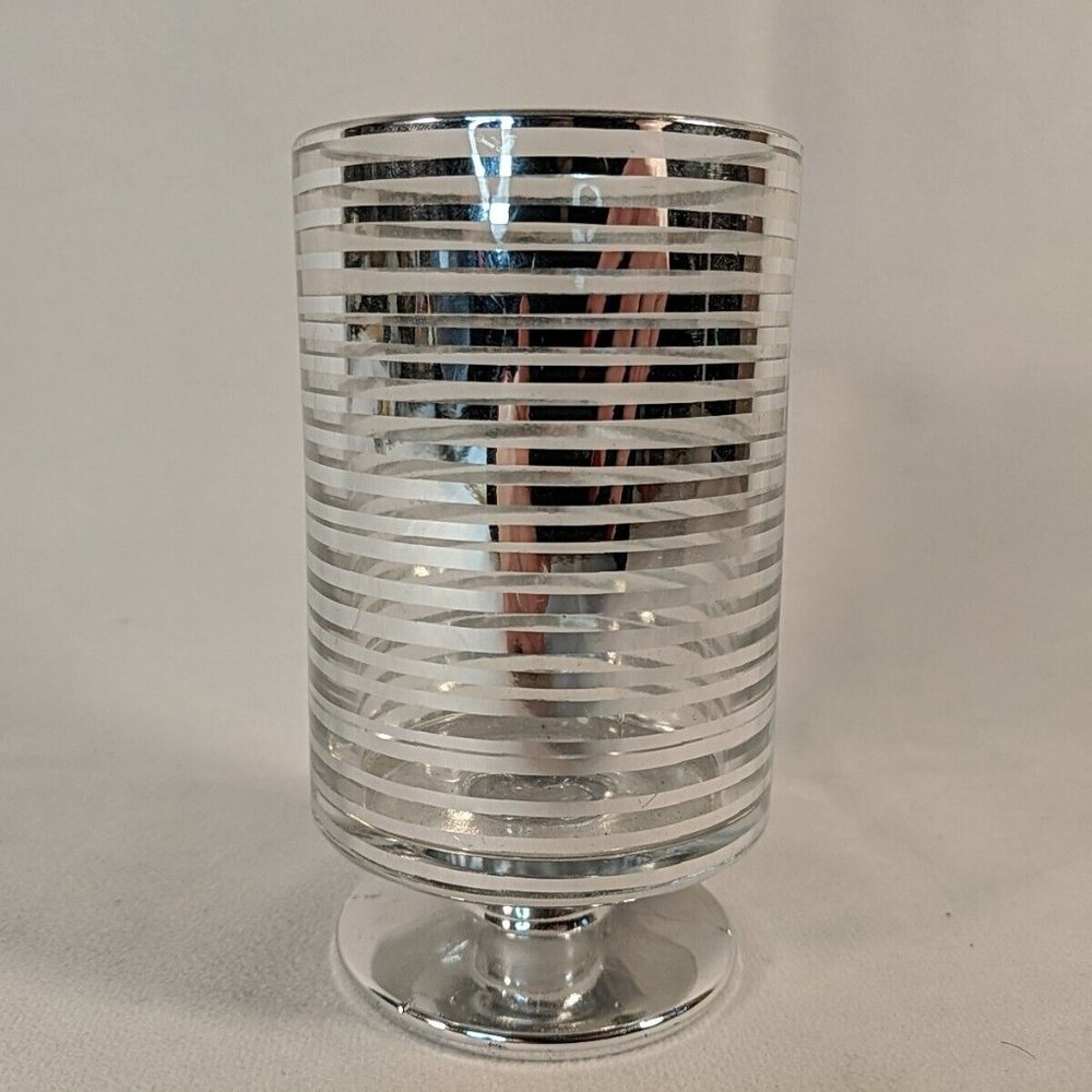 Bath & Body Works Silver Striped Pedestal Candle Holder Clear Glass 1.3 oz Decor